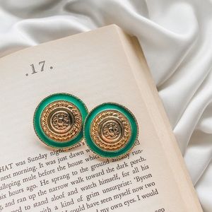 Vintage Gold and Jade Green Button Clip Earrings